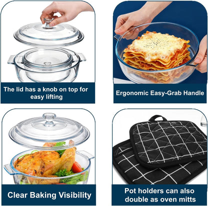 Skiennix Glass Casserole Dish Set - 2 Pack Round Baking Dishes with Lids | 1.8Qt & 0.8Qt, Dishwasher Safe