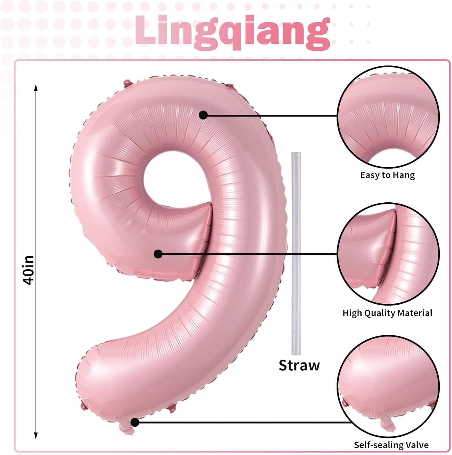 Skiennix 40'' Pink Number 9 Balloon - Self-Inflating Foil for 9th Birthday Party Decorations