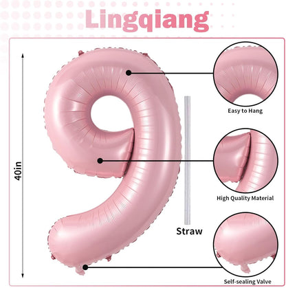 Skiennix 40'' Pink Number 9 Balloon - Self-Inflating Foil for 9th Birthday Party Decorations