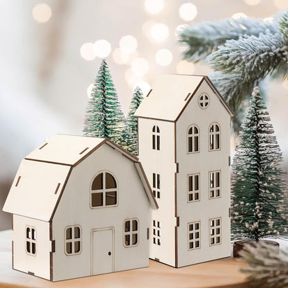 Wonderjune Christmas Village Set - 3 Piece DIY Wooden House Craft Kit for All Ages | 8 Inch Size