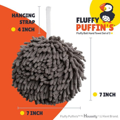 JJ KENT Fluffy Puffins Microfiber Hand Towels - Set of 3 Soft Towels with Wall Hook for Easy Drying
