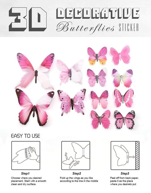 60pcs Butterfly Wall Decor, Plastic Fake Butterflies Wall Art Artware Decorations for Birthday Wedding Christmas Party Decorations, Cake Decorations, Removable Stickers