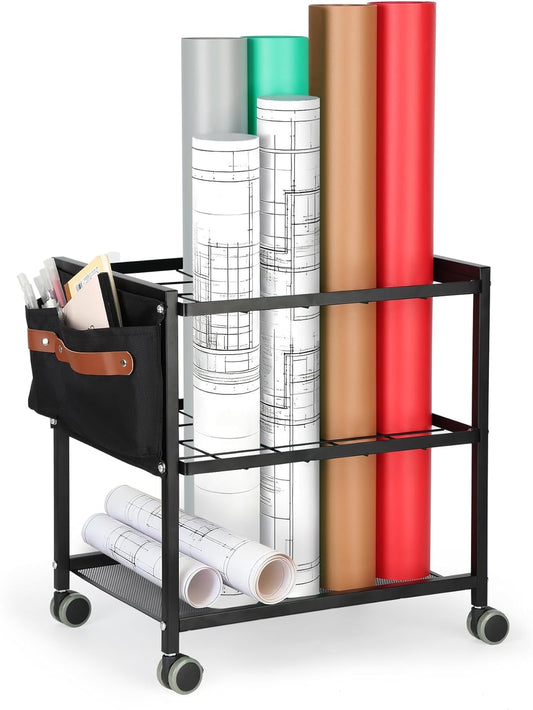 Blueprint Storage Rack Cart - Metal Mobile Holder with 20 Slots & Side Storage Bags | 3.2” x 3.2” Grids