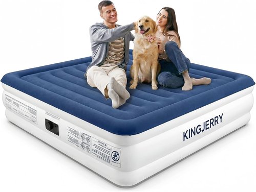 KINGJERRY Queen Air Mattress - 18" Raised Inflatable Bed with Built-In Pump | Leakproof & Comfortable for Home Guests and Camping, Supports 800 lbs