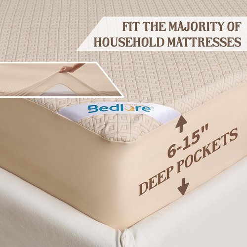 BEDLORE Twin Size Mattress Protector - Waterproof, Noiseless Cover with Stretchable Pockets | Soft Beige Pad for 6-15 Inch Mattresses