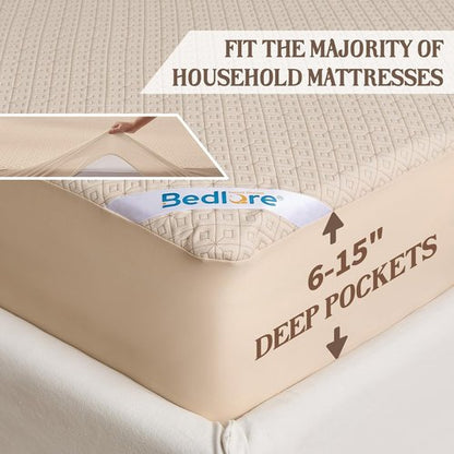 BEDLORE Twin Size Mattress Protector - Waterproof, Noiseless Cover with Stretchable Pockets | Soft Beige Pad for 6-15 Inch Mattresses