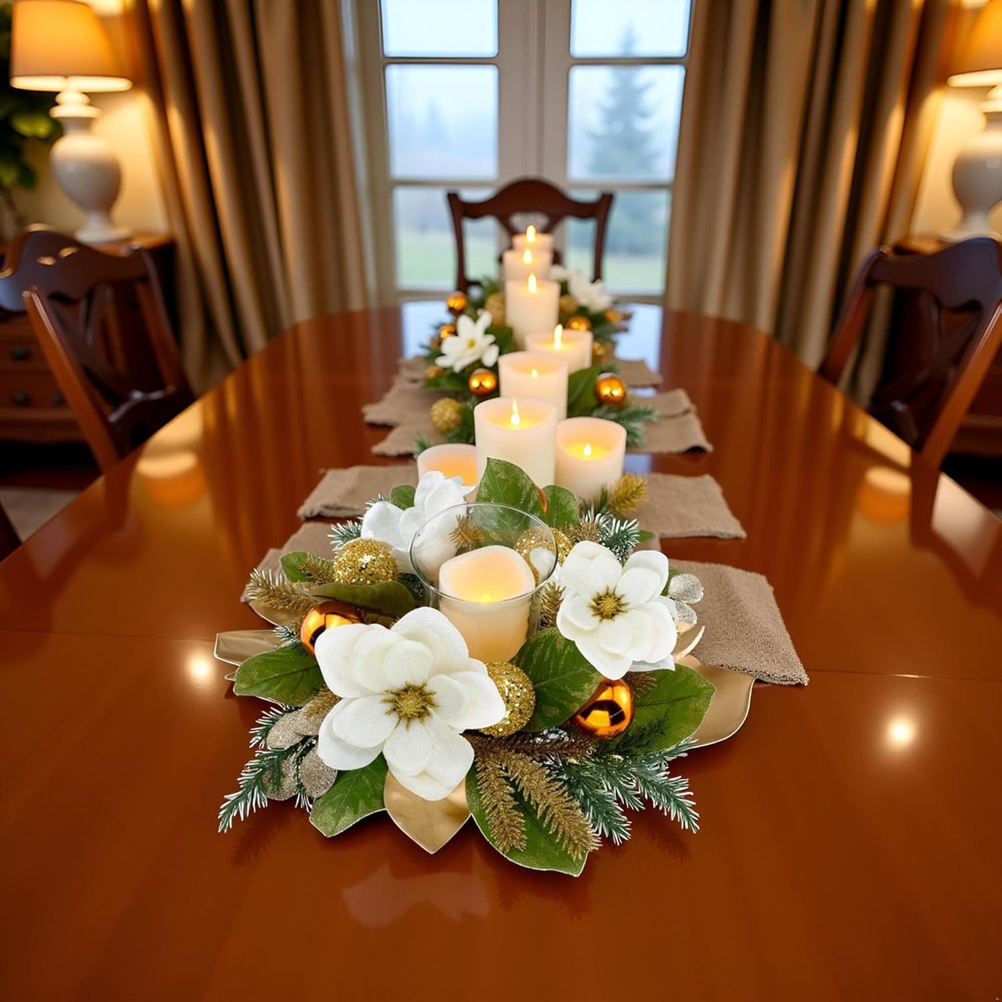 Skiennix 18" Centerpiece - Flameless LED Candle Holder with White Magnolia, Gold Baubles & Spruce Branches for Holiday Decor
