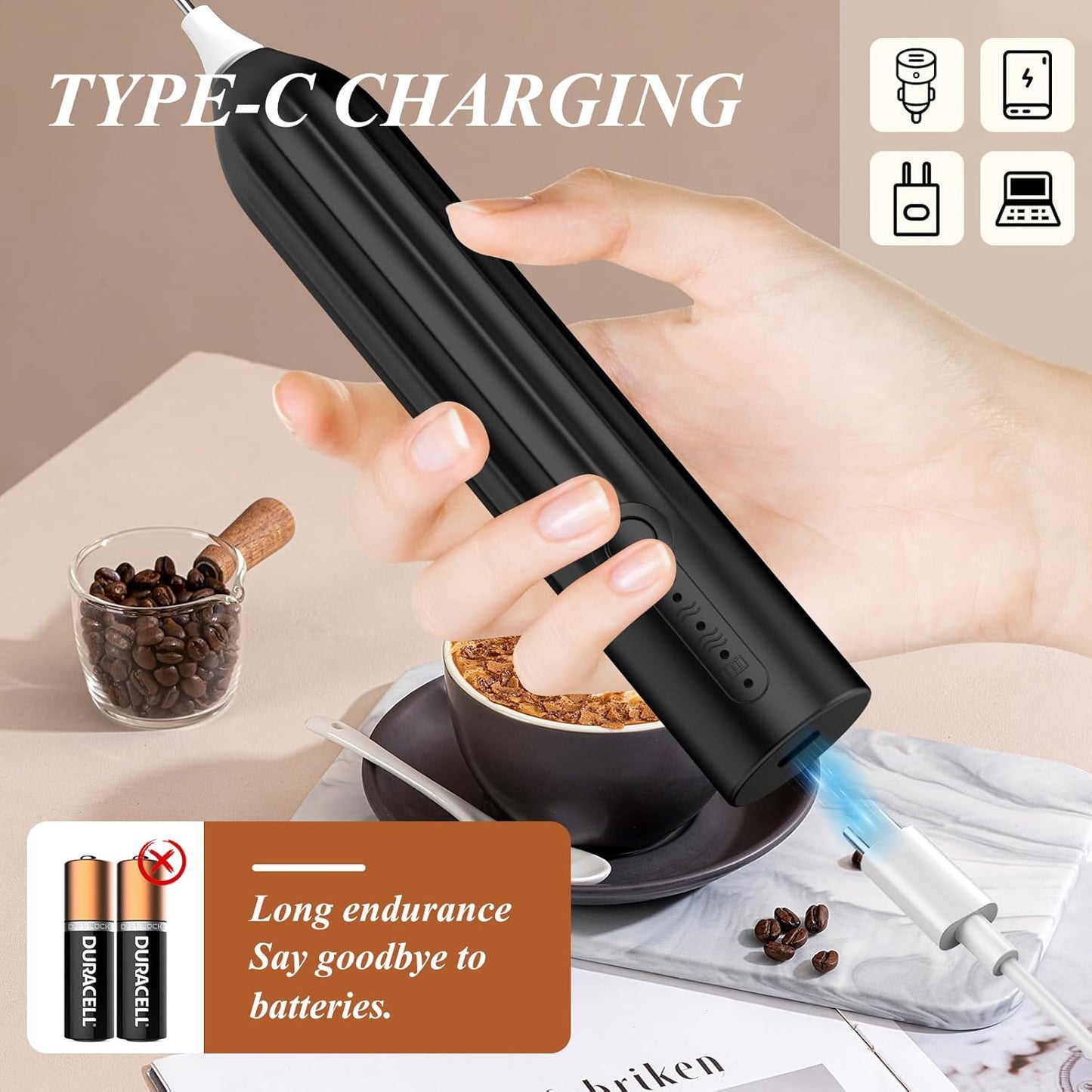 Milk Frother Powerful Handheld Rechargeable With 2 Stainless Heads 3 Speeds, Frother Wand Drink Mixer,Electric Whisk Foam Maker for Coffee,Lattes,Cappuccino,Hot Chocolate,Matcha, Egg- Black