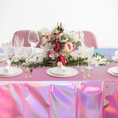 FunnyPars Iridescent Pink Tablecloths - Shiny Disposable Laser Rectangle Covers | 54x108 Inch Party Decorations