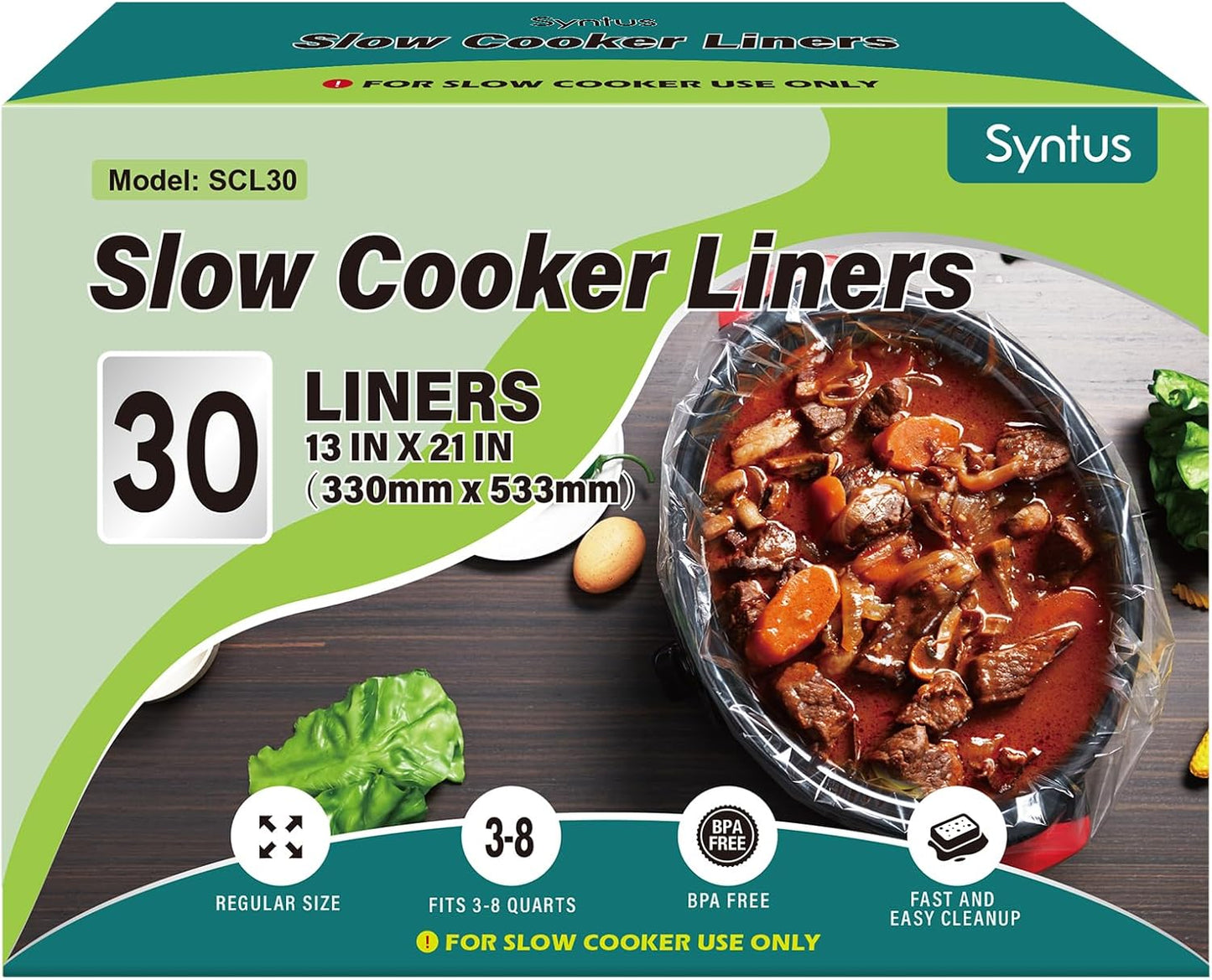 Syntus Slow Cooker Liners - 30 Count Disposable Cooking Bags for 3QT to 8QT Slow Cookers | 13"x21" Size