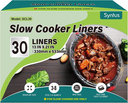 Syntus Slow Cooker Liners - 30 Count Disposable Cooking Bags for 3QT to 8QT Slow Cookers | 13"x21" Size
