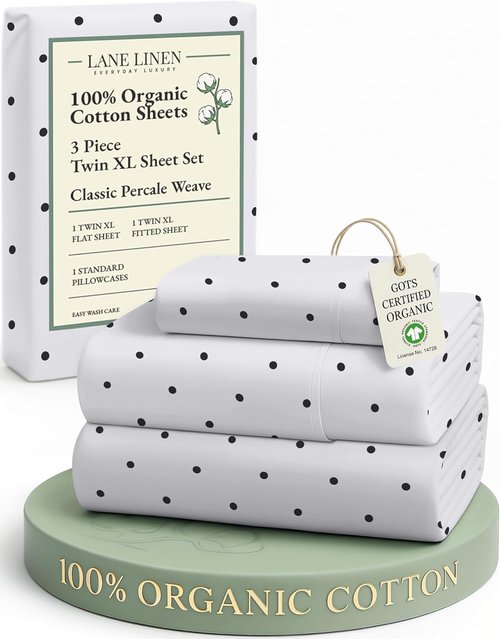 LANE LINEN Twin XL Sheets Set - 100% Organic Cotton, Breathable Percale, 3-Piece - Black Polka Dot