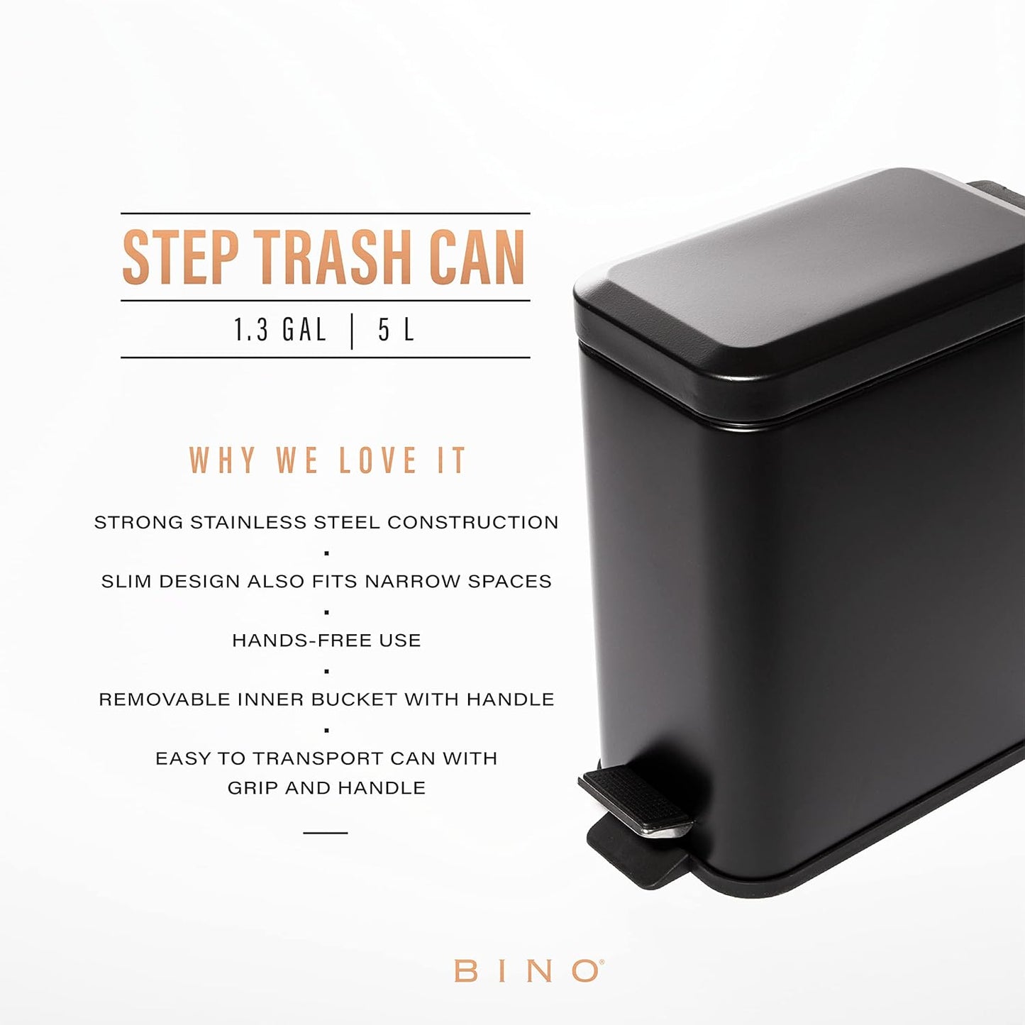 BINO Rectangular Step Trash Can - 1.3 Gallon Stainless Steel with Lid | Matte Black Kitchen & Bathroom Garbage Can