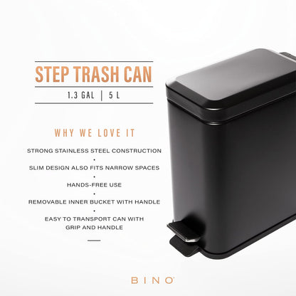 BINO Rectangular Step Trash Can - 1.3 Gallon Stainless Steel with Lid | Matte Black Kitchen & Bathroom Garbage Can