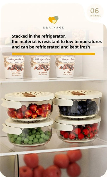 2025 Upgrade New Kitchen Draining Basket, Multi-use Fruit and Vegetable Washing Bowl with Handle, 2 in 1 Draining and Preservation Container with Strainer and Lid (White,1)