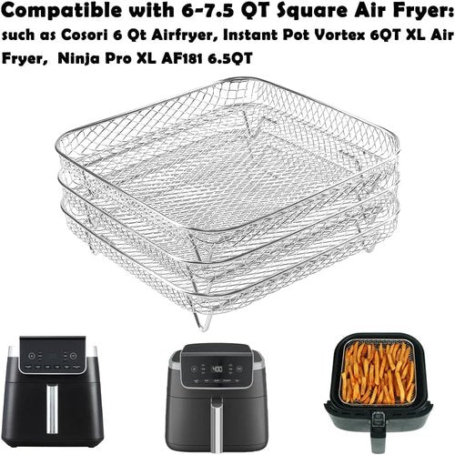 BYKITCHEN 8-Inch Square Air Fryer Rack - 3-Piece Stackable Stainless Steel Dehydrator Set for Cosori & Ninja Pro XL