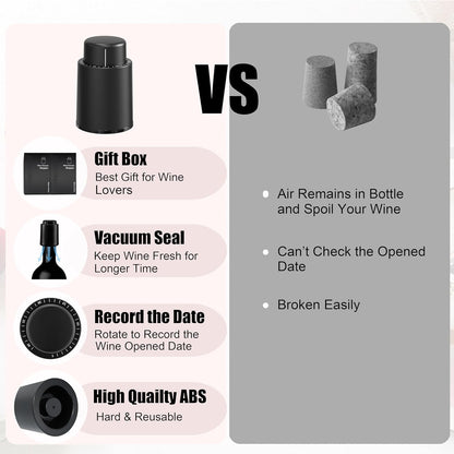 Wine Stoppers Vacuum, Reusable Silicone Wine Bottle Stopper Wine Saver Wine Preserver with Date Dial, Best Christmas and Birthday Gifts - 2 Pack