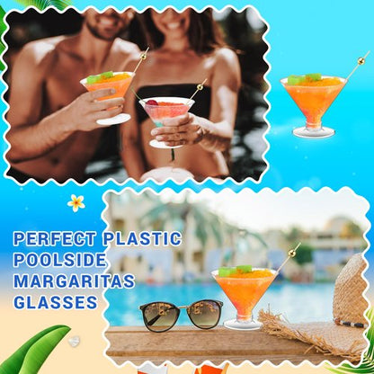 Baderke 24 Pack Plastic Martini Glasses with Gold Pearl Cocktail Picks Disposable Clear Mini Cocktail Cups Dessert Glasses for Wedding Party Wine Appetizers (5 oz)