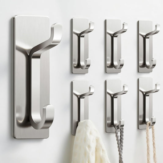 Pickpiff Wall Hooks - 13LB Strong Adhesive Coat & Towel Hangers | Brushed Nickel 6-Pack
