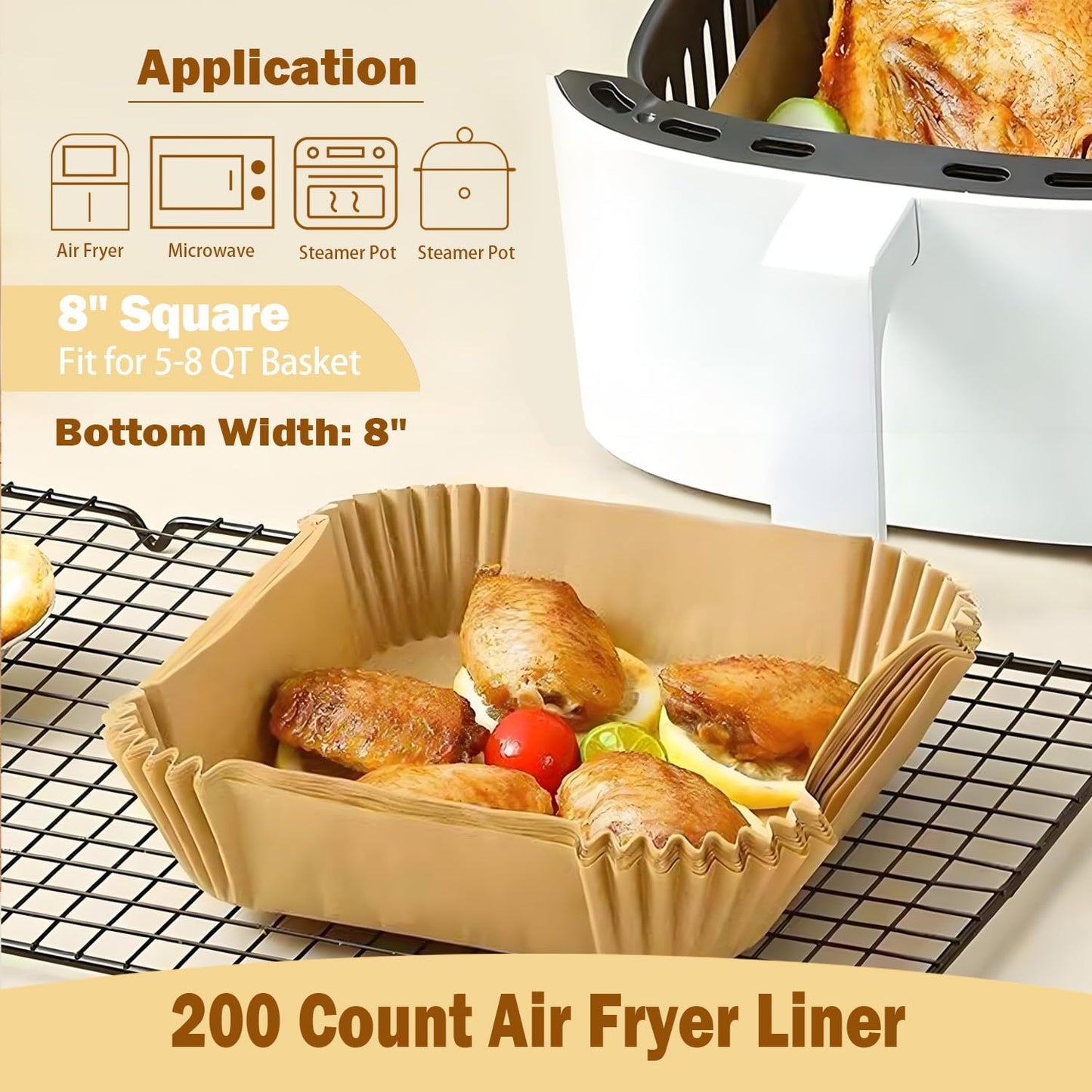 Skiennix Air Fryer Liners - 200 Pcs Unbleached Disposable Non-Stick Parchment Paper for 5-8 QT Baskets