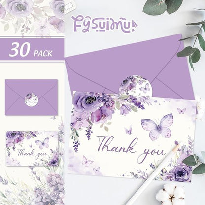 FYSUIMU Thank You Cards - 30 Pack Spring Floral Design with Lavender Butterflies | 4 x 6 Inch