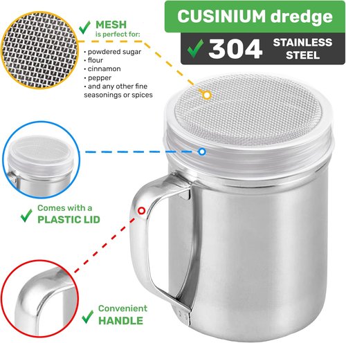 CUSINIUM Powdered Sugar Shaker Duster - Fine Mesh Cinnamon Shaker for Coffee Bar - 6 Ounce, Pack of 2