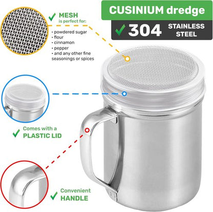 CUSINIUM Powdered Sugar Shaker Duster - Fine Mesh Cinnamon Shaker for Coffee Bar - 6 Ounce, Pack of 2
