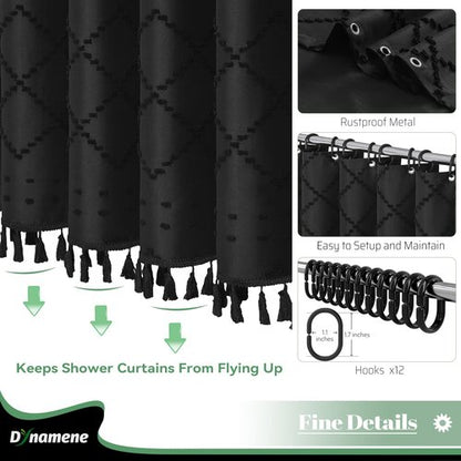 Dynamene Boho Farmhouse Shower Curtain, Black Fabric Chenille Tufted Geometric Striped Textured Cloth Tassel Shower Curtains for Bathroom, Minimalist Shabby Chic Shower Curtain Set 12 Hooks, 72x72