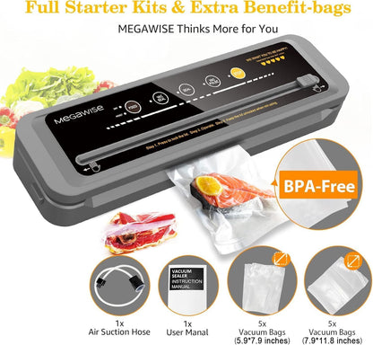 MegaWise Vacuum Sealer Machine - 80kPa Suction Power | Compact One-Touch Automatic Food Sealer with Bags & Cutter Included | Dry & Moist Modes for All Your Food Storage Needs