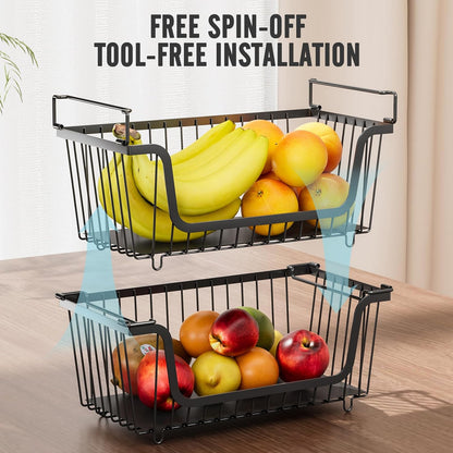 Skiennix Stackable Wire Baskets - Versatile Kitchen Storage for Fruits & Vegetables | Black, Set of 4