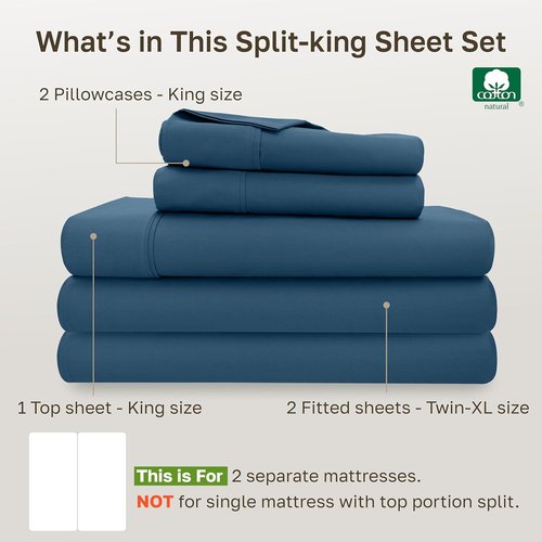 California Design Den Split King Sheet Set - 100% Cotton, 400 TC, Silky Sateen, Deep Pockets - Peacock Blue