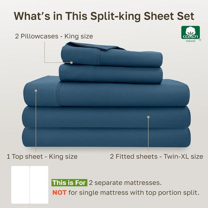 California Design Den Split King Sheet Set - 100% Cotton, 400 TC, Silky Sateen, Deep Pockets - Peacock Blue