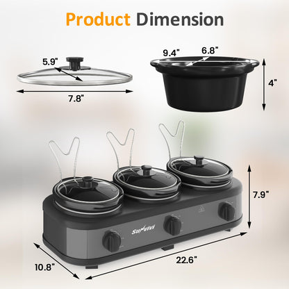 SUNVIVIPRO Triple Slow Cooker, Buffet Food Warmer with three 1.5-Quart Removable Ceramic Pots, Buffet Servers and Warmers with Glass Lids and 3 Spoons, Stainless Steel,Grey