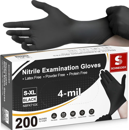 Schneider Nitrile Exam Gloves - 4 Mil Black Disposable, Latex-Free & Food Safe for Cooking & Prep