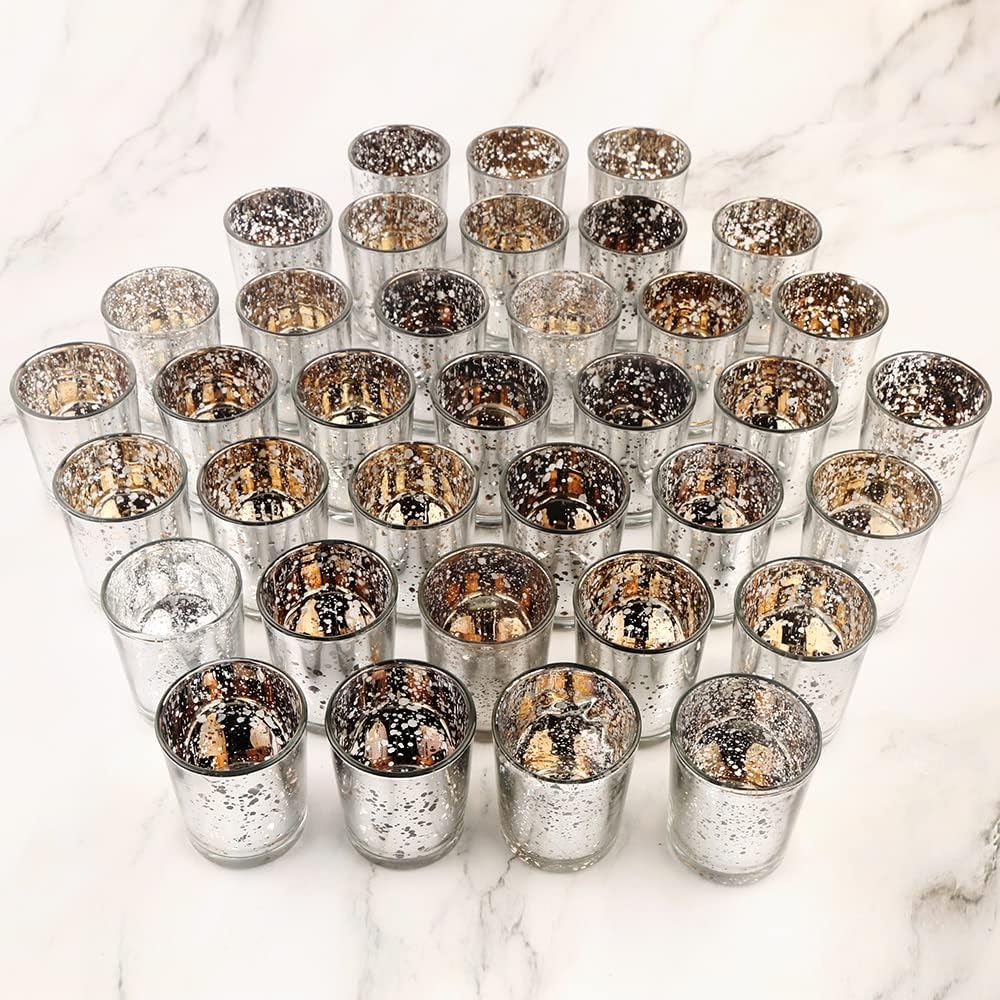Silver Mercury Glass Tea Light Holders - Elegant Votive Candle Holders Set of 36 for Weddings & Home Decor | Perfect for Centerpieces & Parties