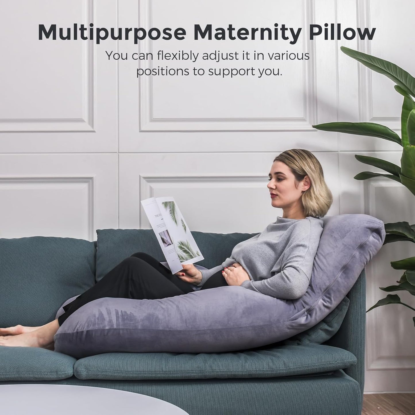 Momcozy U-Shaped Pregnancy Pillow - Full Body Support for Back, Legs & Belly | 57 Inch, Grey