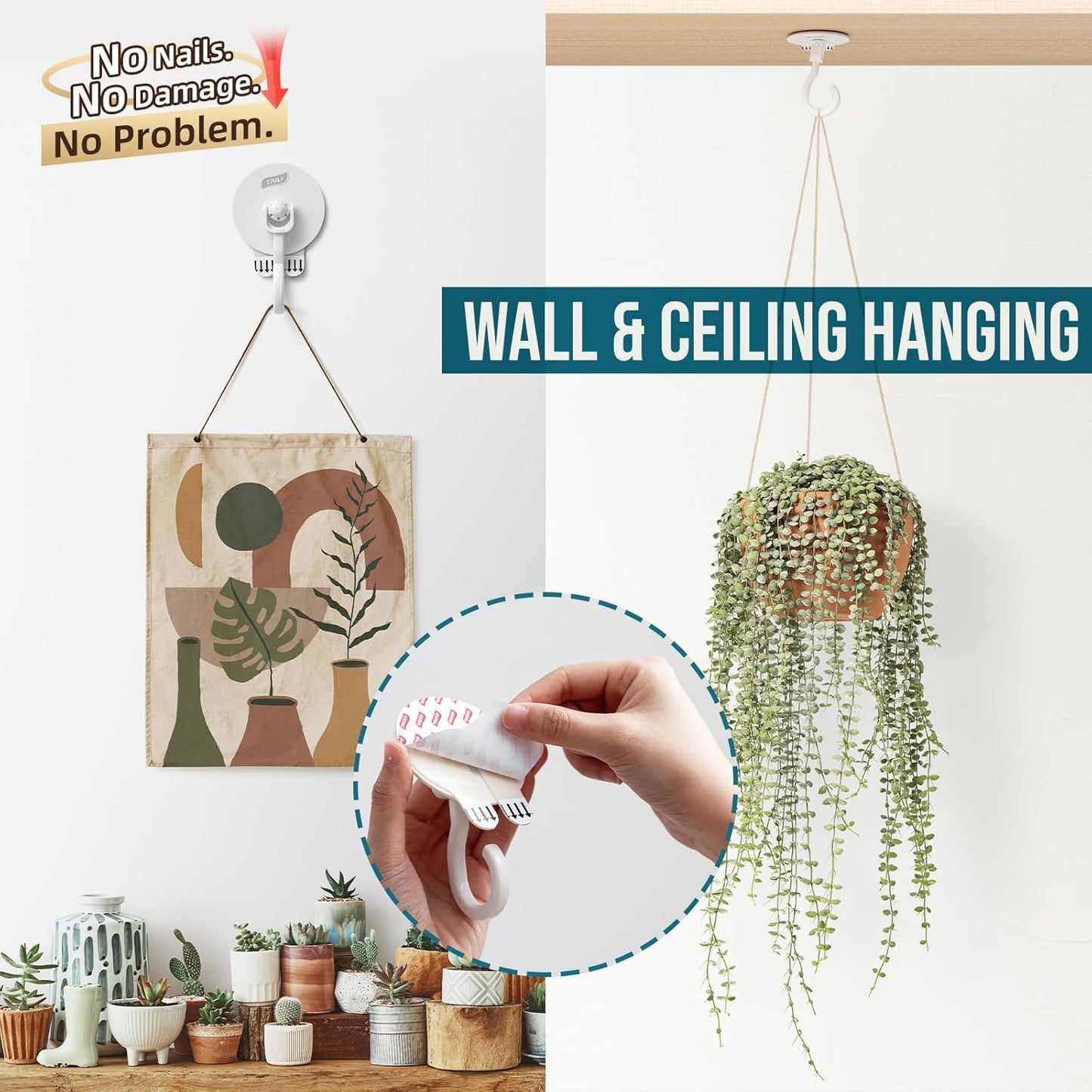 TAILI Heavy-Duty Adhesive Ceiling Hooks - No-Drill Removable Wall Hooks for Plants & Lights | 4 Pack White