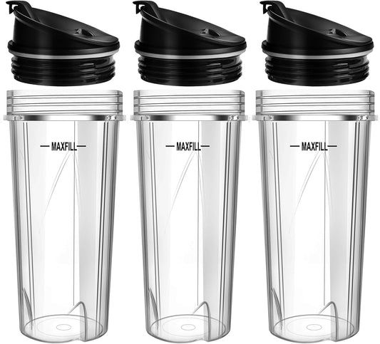 Ninja Blender Cups - 3 Pack 16oz Replacement Cups with Lids for Ninja QB3001SS & Nutri Ninja Series