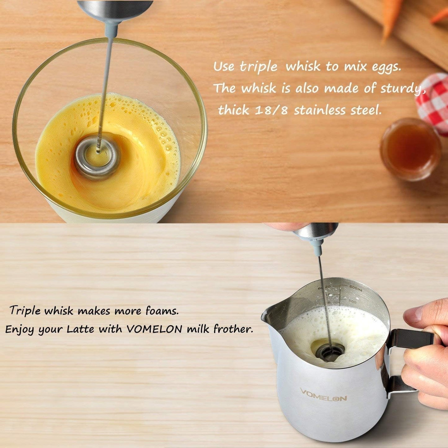 Skiennix Milk Frother - Handheld Battery Operated Drink Mixer with 2 Stainless Steel Whisks | Silver