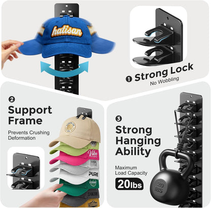 Skiennix 2-Pack Hat Organizer - Detachable DIY Wall Rack Holds Up to 22 Baseball Caps | Black
