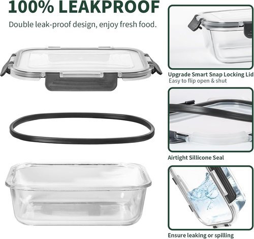 CEKEE Glass Meal Prep Containers - 5 Pack 36 OZ Airtight Food Storage Set | Microwave & Dishwasher Safe