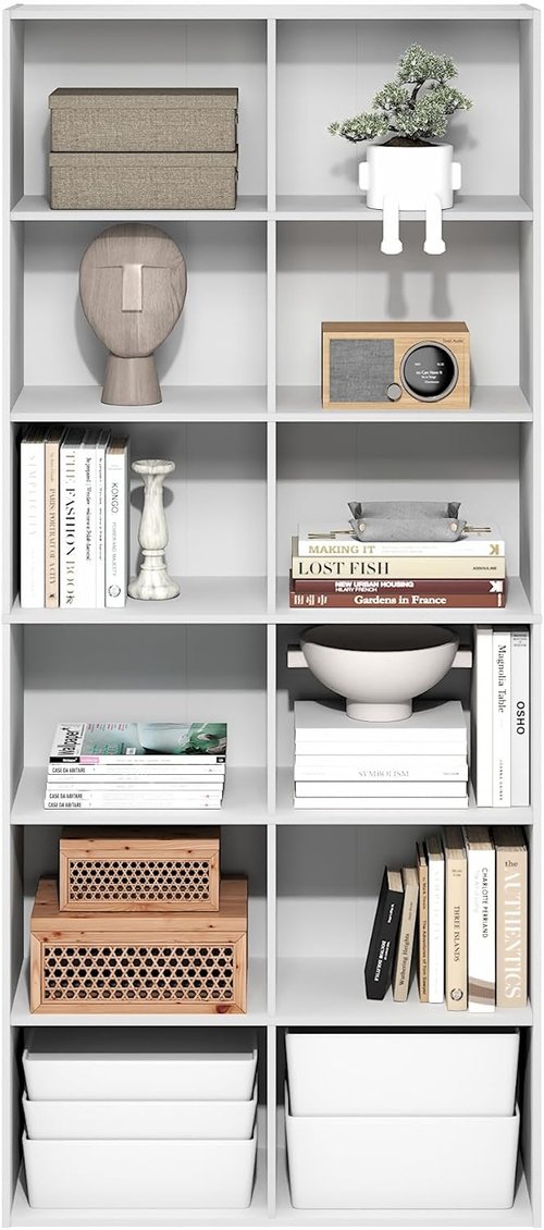 Furinno 12-Cube Bookshelf - Open Shelf Bookcase & Cube Storage Organizer | Plain White, 12 x 32 x 71