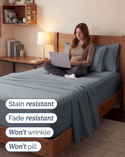Skiennix Extra Deep Twin XL Sheet Set | 4-Piece Breathable Cooling Bedding - Soft, Wrinkle-Free, Steel Blue