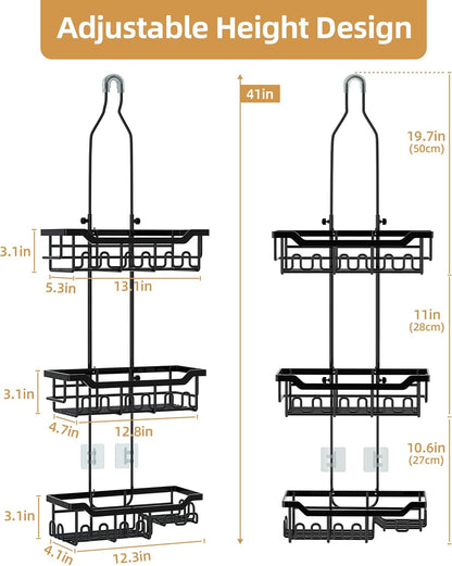 Skiennix Adjustable Shower Caddy - 3-Tier Over Shower Head Organizer with Soap Holder, Black