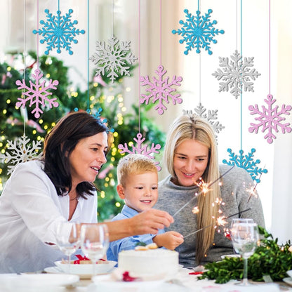 Skiennix Winter Snowflake Ornaments - Sparkly Ceiling Streamers for Holiday Decor | Glitter Pink & Blue