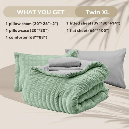 HYMOKEGE Twin XL Comforter Set - Sage Green & Light Grey Seersucker | 5-Piece All-Season Luxury Bedding Set