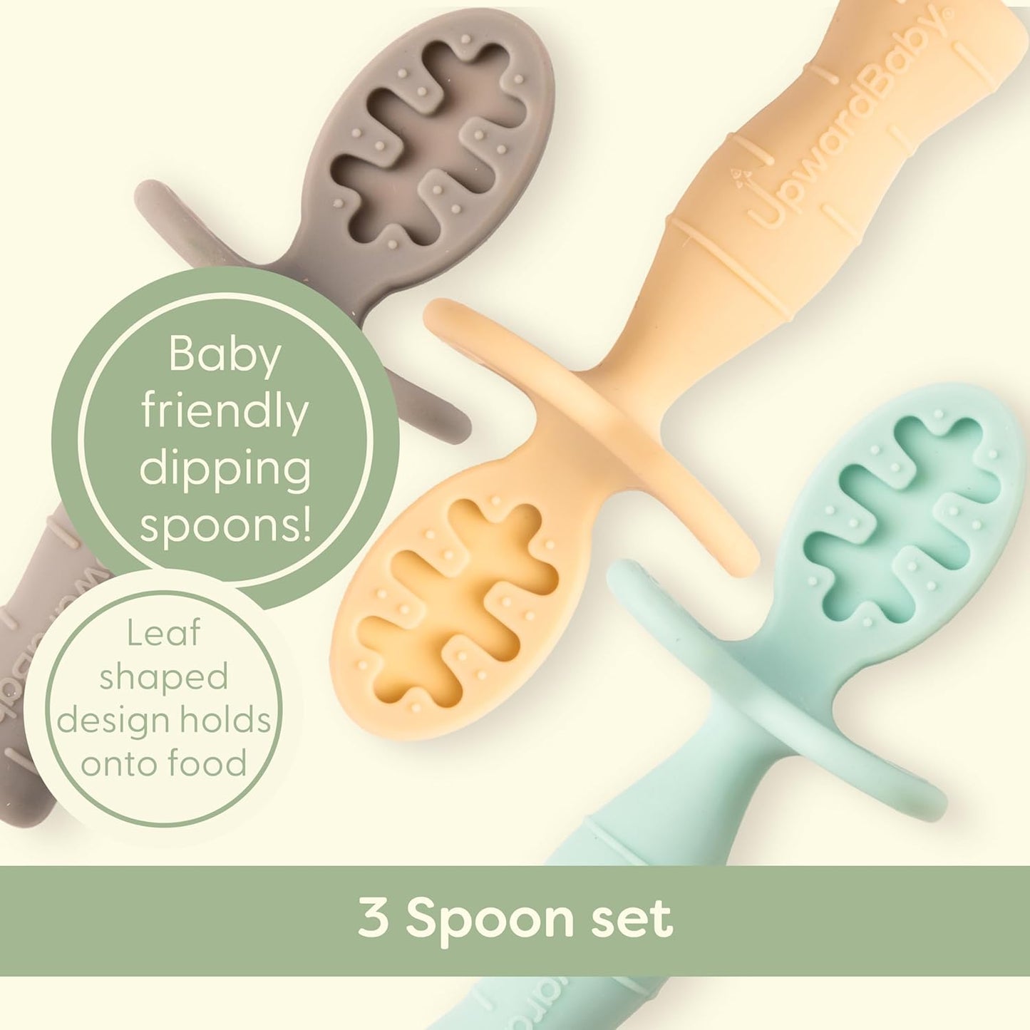 Upward Baby Spoons - Self-Feeding Toddler Utensils with Anti-Choke Barrier | 3 Pack, Silicone, Red/White/Blue