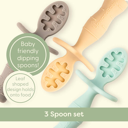 Upward Baby Spoons - Self-Feeding Toddler Utensils with Anti-Choke Barrier | 3 Pack, Silicone, Red/White/Blue