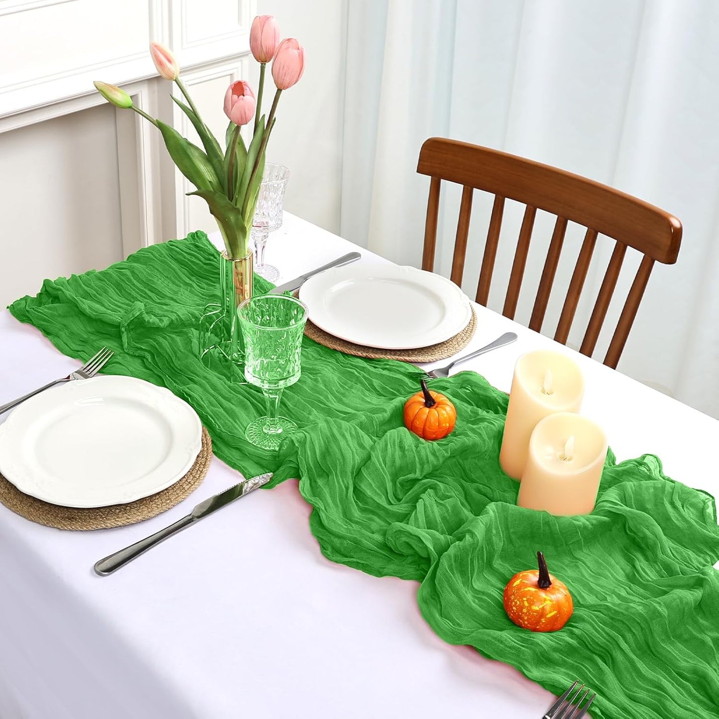 Skiennix 10ft Green Cheesecloth Table Runner - Rustic Boho Sheer for Easter & Spring Celebrations