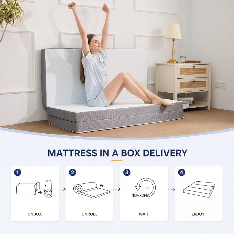 White 6 Inch Tri-Fold Memory Foam Mattress topper - Foldable Guest Bed for Camping
